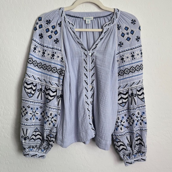Sundance Tops - Sundance Blue Embroidered Cotton Gauze Peasant Blouse Balloon Sleeve PXS Boho